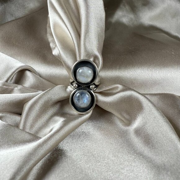 Silver Ring With Double Moonstone Natural Gemstone Statement Jewelry Size 7.5 - Picture 1 of 5